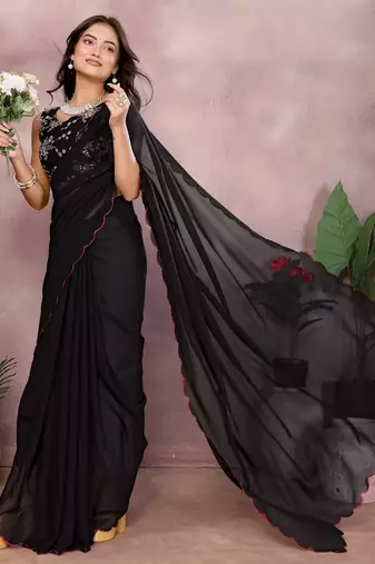 Black georgette solid saree with embroidery work blouse piece