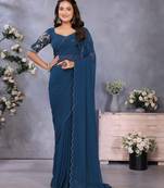 Blue georgette solid saree with embroidery work blouse piece