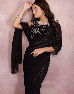 Black georgette solid saree with embroidery work blouse piece 5
