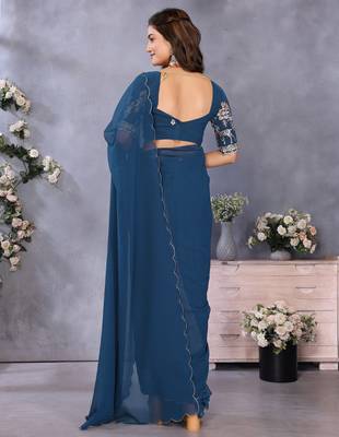 blue embroidery georgette solid saree with blouse 2