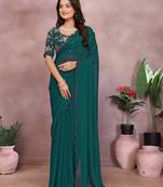 Teal georgette solid saree with embroidery work blouse piece