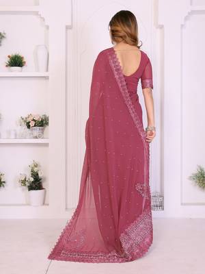 Pink georgette embroiderd lace work saree with matching blouse piece 2