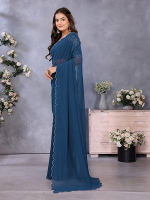 blue embroidery georgette solid saree with blouse 3