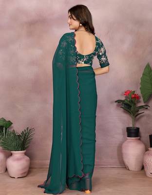 teal embroidery georgette solid party wear saree with blouse piece 2