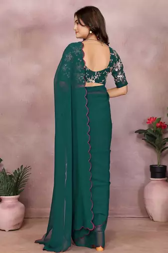 Teal georgette solid saree with embroidery work blouse piece