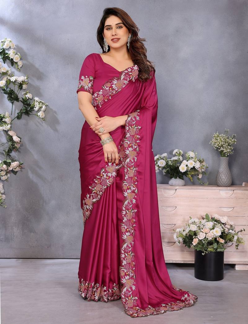 Pink soft satin saree with embroidered border and matching blouse piece