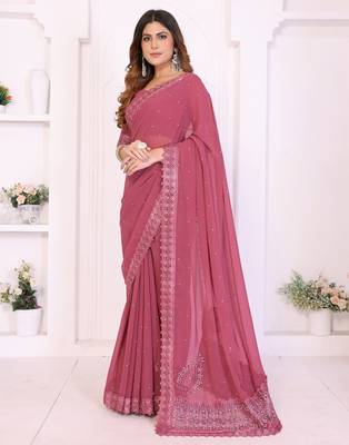 Pink georgette embroiderd lace work saree with matching blouse piece 3
