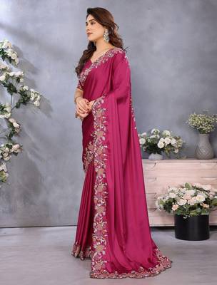 Pink soft satin saree with embroidered border and matching blouse piece 2