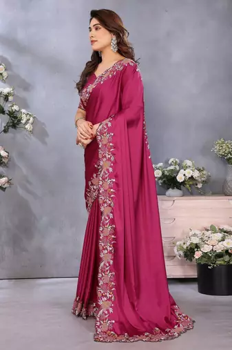 Pink soft satin saree with embroidered border and matching blouse piece