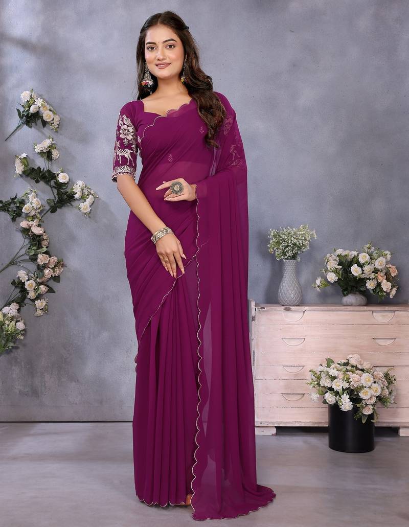 Purple georgette solid saree with embroidery work blouse piece