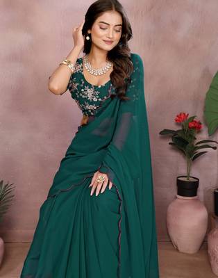 teal embroidery georgette solid party wear saree with blouse piece 5