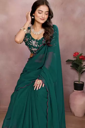 Teal georgette solid saree with embroidery work blouse piece
