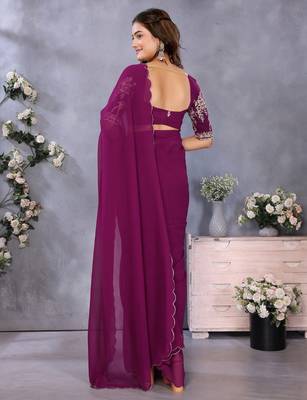 Purple georgette solid saree with embroidery work blouse piece 2