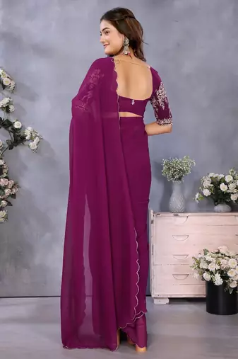 Purple georgette solid saree with embroidery work blouse piece