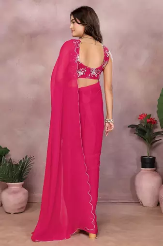 Pink georgette solid saree with embroidery work blouse piece