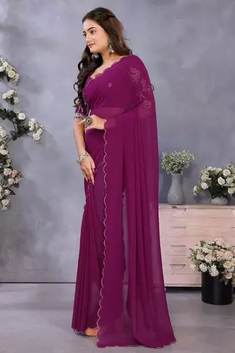 Purple georgette solid saree with embroidery work blouse piece