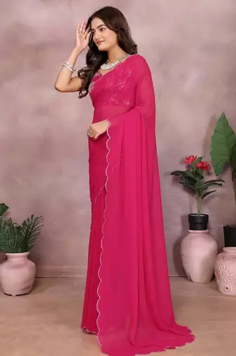 Pink georgette solid saree with embroidery work blouse piece