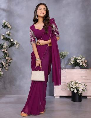Purple georgette solid saree with embroidery work blouse piece 4
