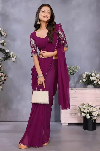 Purple georgette solid saree with embroidery work blouse piece