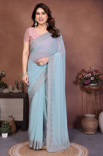 Blue georgette dudrop resham zari work saree with contrast blouse piece