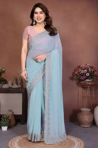 Blue georgette dudrop resham zari work saree with contrast blouse piece