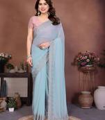 Blue georgette dudrop resham zari work saree with contrast blouse piece