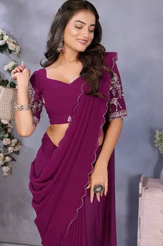 Purple georgette solid saree with embroidery work blouse piece