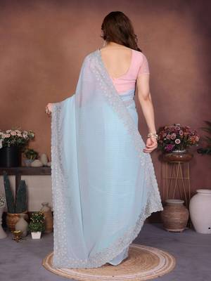 blue dewdrop resham zari work georgette saree with blouse piece 2