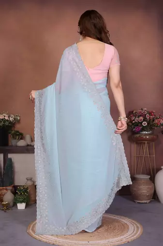 Blue georgette dudrop resham zari work saree with contrast blouse piece