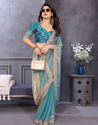 sky blue embroidered satin saree with blouse 3