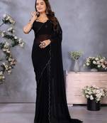 Black georgette solid saree with embroidery work blouse piece
