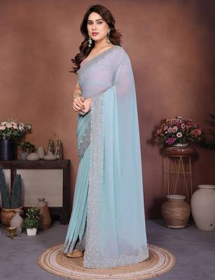 blue dewdrop resham zari work georgette saree with blouse piece 3