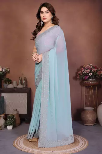 Blue georgette dudrop resham zari work saree with contrast blouse piece