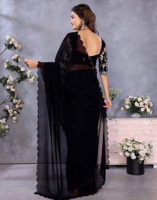 Black georgette solid saree with embroidery work blouse piece 2