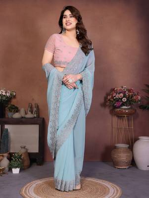 blue dewdrop resham zari work georgette saree with blouse piece 4