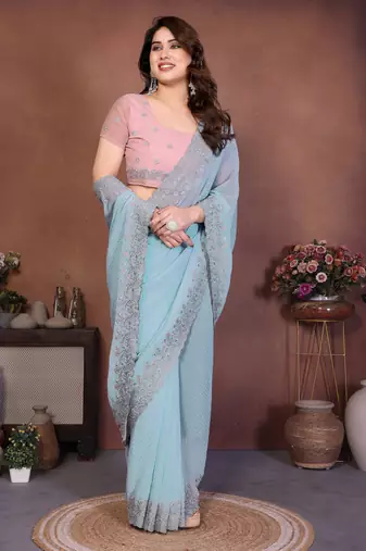 Blue georgette dudrop resham zari work saree with contrast blouse piece