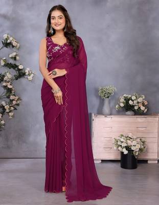 magenta georgette floral embroidered party wear saree with blouse piece 1