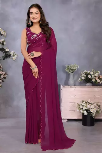 Purple georgette solid saree with embroidery work blouse piece