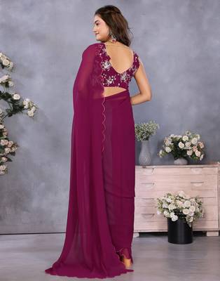 magenta georgette floral embroidered party wear saree with blouse piece 2