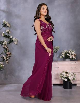 magenta georgette floral embroidered party wear saree with blouse piece 3