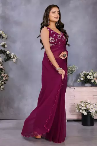 Purple georgette solid saree with embroidery work blouse piece