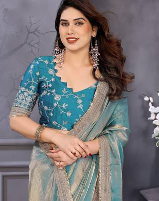 sky blue embroidered satin saree with blouse 5