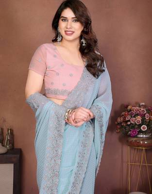 blue dewdrop resham zari work georgette saree with blouse piece 5