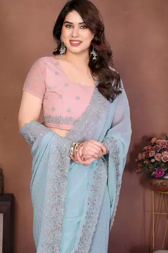 Blue georgette dudrop resham zari work saree with contrast blouse piece
