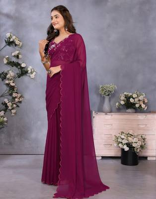 magenta georgette floral embroidered party wear saree with blouse piece 4
