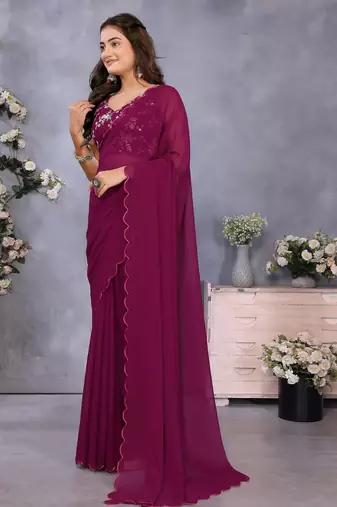 Purple georgette solid saree with embroidery work blouse piece