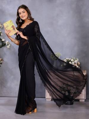 Black georgette solid saree with embroidery work blouse piece 4