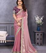 Pink fandy satin saree with embroidered lace border and matching blouse piece