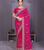 Pink georgette embroidery work saree with matching blouse piece
