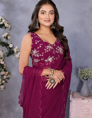 magenta georgette floral embroidered party wear saree with blouse piece 5